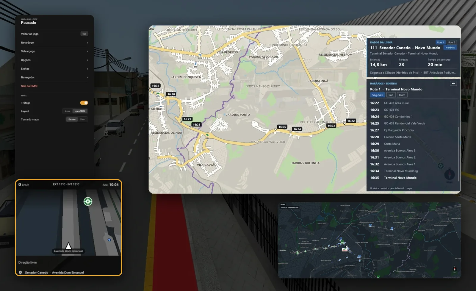 Montagem de telas do openHUD: menu de pausa, minimapa e mapa com dados da linha dentro do OMSI 2